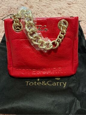 Tote&Carry Red Mini Tote with Gold Chain Handle